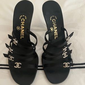 Authentic Chanel black satin strap sandal 3 inch heel. Size 37 1/2